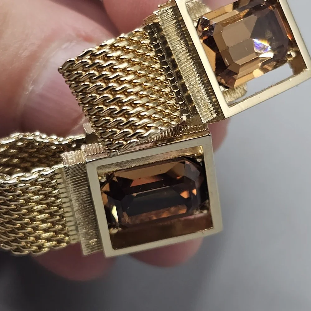 Vintage MCM Gold Tone Smoky Amber Tone Mesh Wrap Cufflinks Quiet Luxury Preppy
